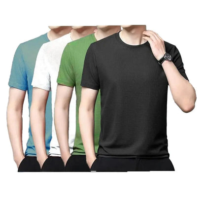 Polyester Stretchable Solid Half Sleeves Men's Round Neck Hirt Pack Of 4 - ULLLY